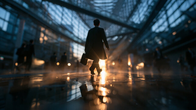 Businessman Silhouette Walking in Modern Corporate Glass Atrium