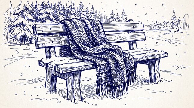 A detailed blue ink sketch of a thick plaid wool scarf with tassels draped over a rustic wooden park bench in a snowy forest clearing, winter, park.