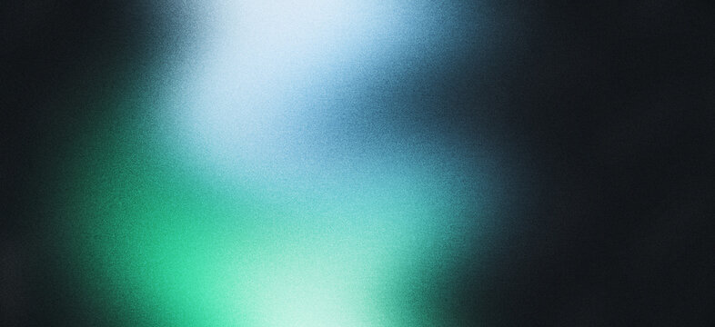 Glowing grainy background, light blue green abstract noisy shape on black backdrop, dark vibrant noise texture header, banner, poster or wallpaper design