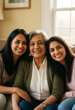 Three generations of indian women smiling together, family bonding and happiness, diverse age group portrait