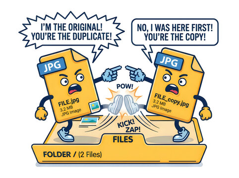 Cartoon folder with two fighting jpg files in an open file cabinet