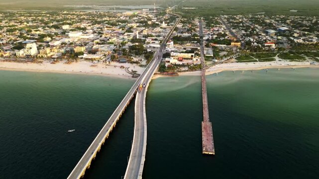 Aerial drone view of Progreso Pier and bridge in Yucatan, Mexico
