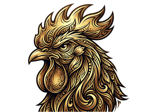 Golden rooster head illustration with intricate ornamental patterns isolated on transparent background