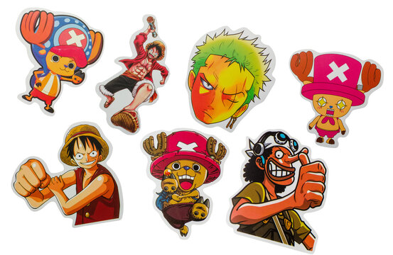 Hamburg, Germany - 07272026: One Piece Anime Character Stickers Featuring Luffy, Chopper, Zoro and Usopp.
