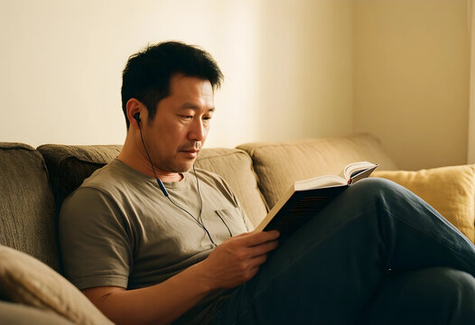 Asian man wearing earphones and reading a book on a comfortable sofa at home, enjoying leisure time and personal development