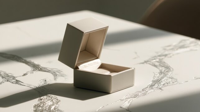Small open jewelry gift box with cream silk lining on marble