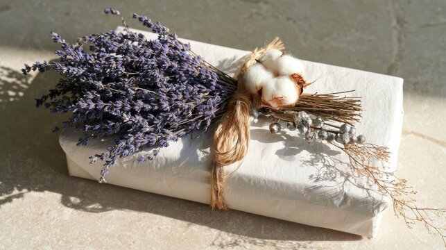 White gift wrap with dried lavender and silver brunia on stone
