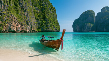Obraz premium Traditional longtail boat at Maya Bay in Thailand. Perfect tropical vacation destination for tourism and travel.