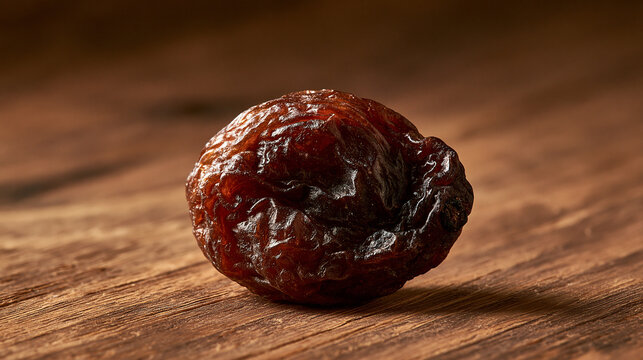 A single dark raisin sits on a rustic wooden texture with soft lighting. Great for organic food and healthy snack.