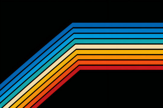 Retro 1980s rainbow stripes on black background, vintage aesthetic color lines, geometric 70s style graphic design