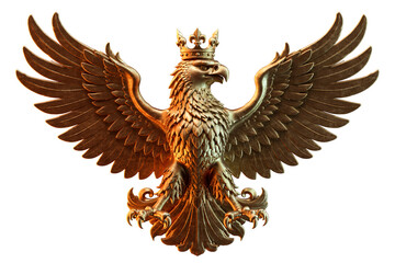 Heraldic eagle with crown, royal emblem and ornamental wings. Detailed gold bronze 3D sculpture inspired by medieval heraldry, monarchy, coat of arms, luxury decoration and classical historical design