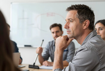 Fototapeta premium Thoughtful businessman listening intently during a corporate meeting with colleagues in a modern office setting, the professional adult male is focused on the discussion