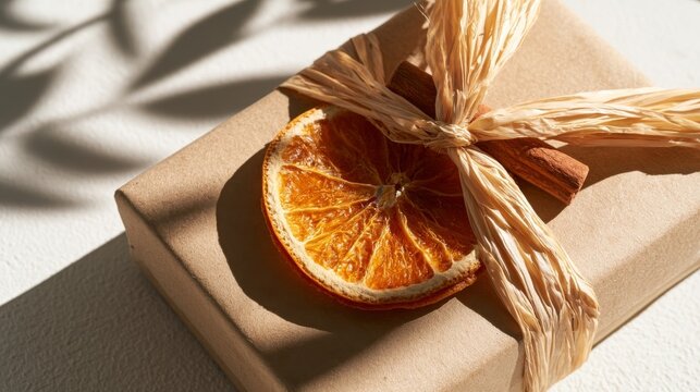 Kraft gift box with raffia dried orange and cinnamon flat lay