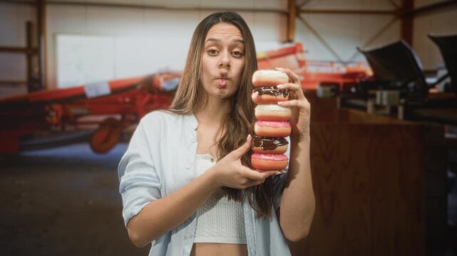 Woman holding a tall stack of doughnuts, pursed lips and hand visible inside a building; playful curiosity.