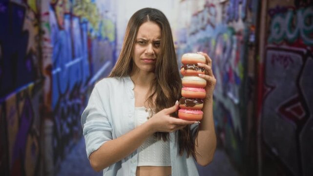 Woman holding a tall stack of donuts with a grimace, presenting pastries in a graffiti lined street; disgust temptation contrast.