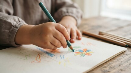 Naklejka premium Close up of a young toddler girl drawing a colorful flower with pencils on paper at a wooden table