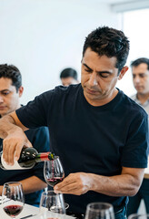 Obraz premium Man pouring red wine into a glass during a wine tasting event or sommelier class, beverage industry education, this scene education and skill development in the beverage industry focusing