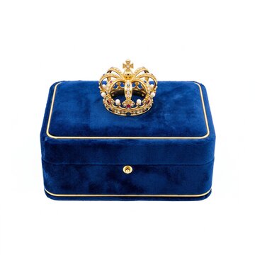 Golden royal crown with pearls and gems on luxury blue velvet box isolated on white background