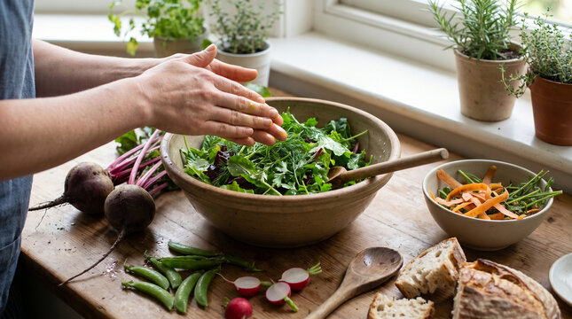 Hands Tossing Herb Salad with Homegrown Ingredients and Compost Bowl