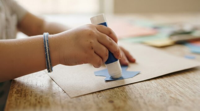 Young child holding a glue stick to craft paper in preschool for creative art activity