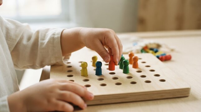 Toddler playing with a wooden peg board game learning colors and fine motor skills