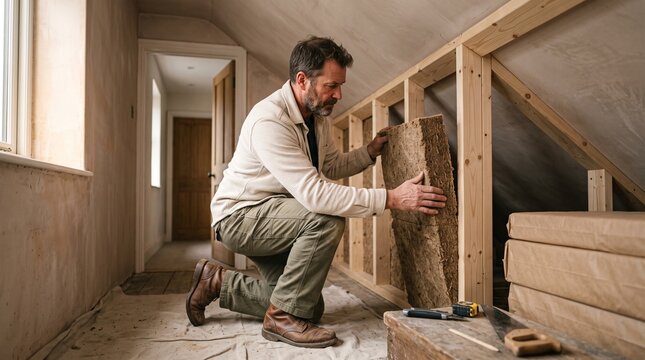 Installer fits wood fiber insulation inside a period bedroom wall