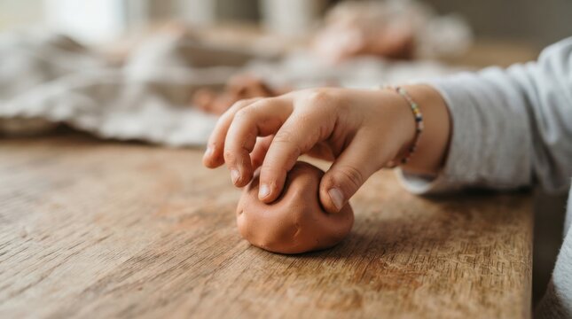 Young child playing with brown modeling clay on a wooden table, creative childhood activity concept