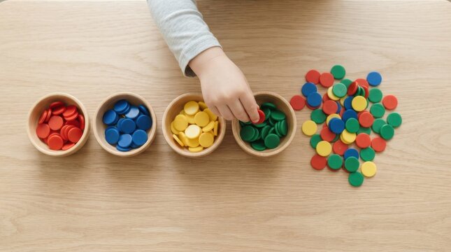 Child sorting colorful plastic tokens into wooden bowls in a montessori preschool activity