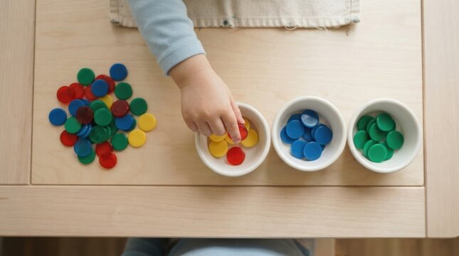 Toddler learning math with colored counters and bowls on a wooden table in preschool