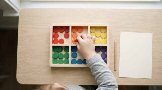 Toddler boy learning colors with a wooden sorting toy and colorful counters at a table