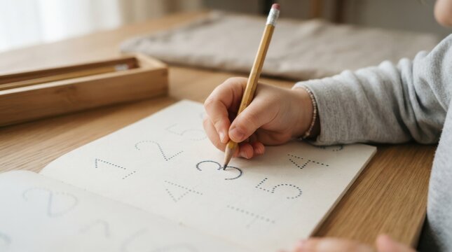 Young child learning to write numbers with pencil in a tracing workbook at a wooden desk