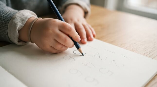 Young toddler boy learning to write numbers in a tracing workbook at a wooden table