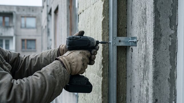 Worker secures ventilated cladding support on concrete facade
