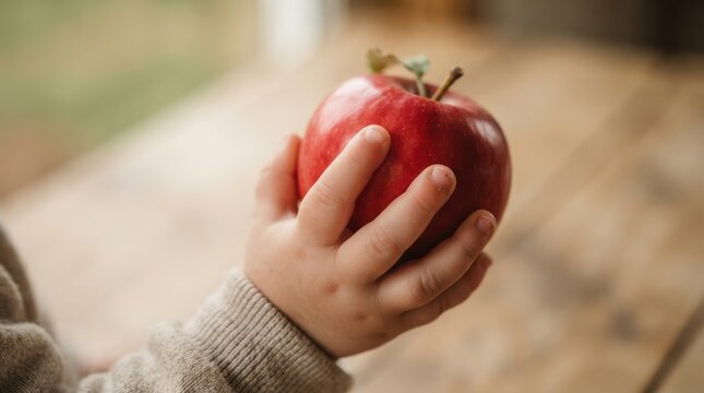 Toddler holding a fresh red apple in hand, close up shot representing healthy eating and childhood nutrition