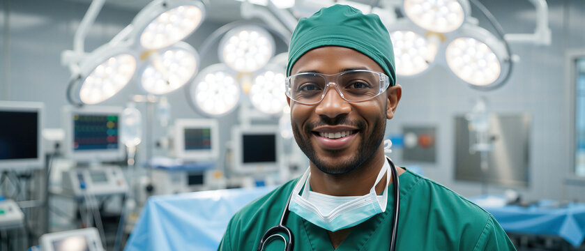 Smiling black male surgeon with stethoscope in an operating room. African american doctor in green scrubs and protective eyewear. Professional healthcare specialist portrait