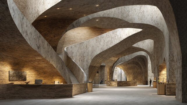 Futuristic interior with organic concrete architecture. Grand lobby of a modern building with curved walls and a vaulted ceiling. Contemporary design concept