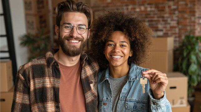 Smiling mixed-race couple holding keys, white man and black woman in new home with cardboard boxes