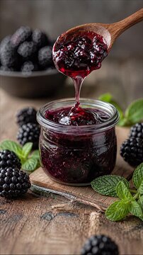 Berry Jam Dripping from Spoon into Jar Vertical Video