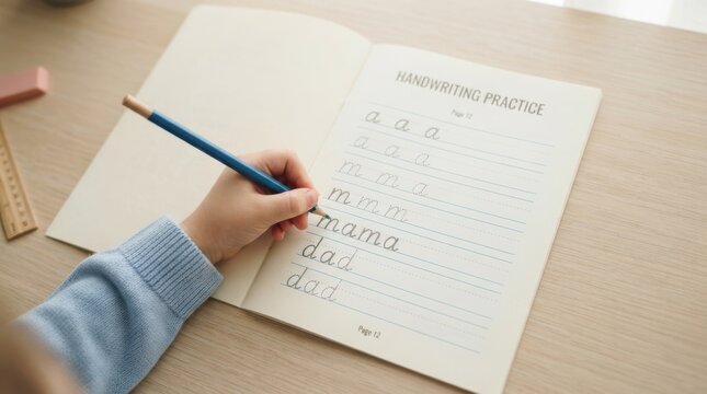 Young caucasian boy practicing cursive handwriting in a notebook at home