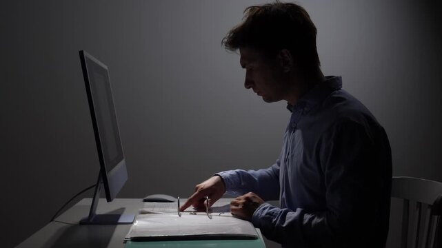 Young man concentrating on documentation and computer work in a dimly lit office, symbolizing dedication, stress, and long hours to meet a deadline or professional commitment