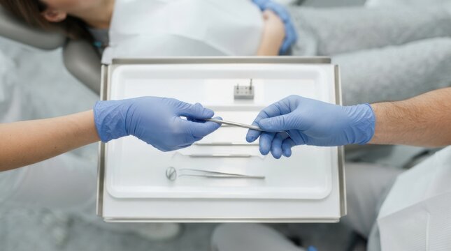 Dentist and assistant passing dental instrument over a tray in modern dental clinic