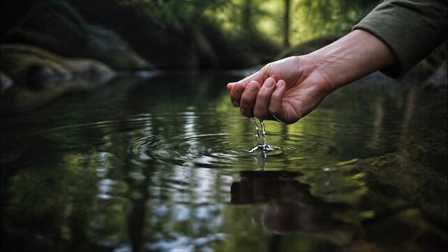 Hand Touching Clear Water in Forest Stream