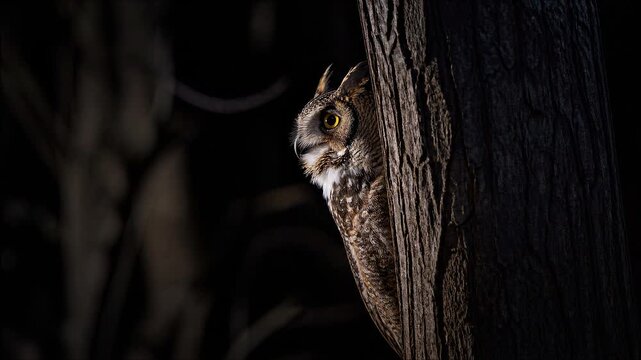 Owl Peeking from Behind Tree Trunk at Night