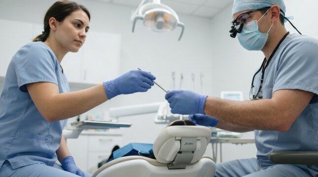 Male dentist and female dental assistant working together in a modern clinic office passing dental tools during a patient procedure
