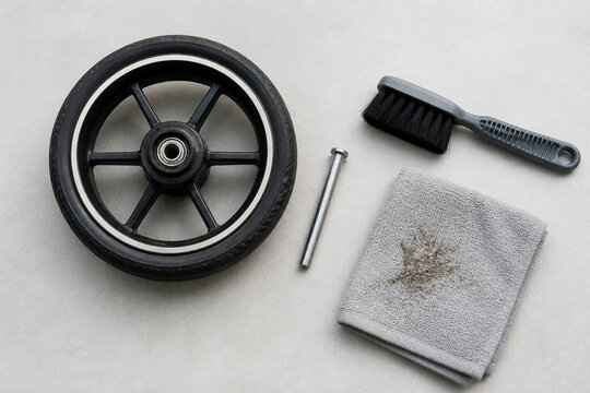 Stroller wheel axle cleaned after outdoor use