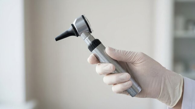 Doctor holding an otoscope medical tool for ear examination in a hospital clinic room