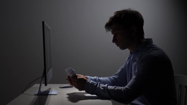 Man in silhouette sitting in a dimly lit room, holding and counting cash while looking at a computer monitor, representing concepts of cybercrime, illegal earnings, or financial fraud