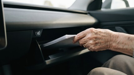 Naklejka premium Elderly man taking documents out of the glove compartment in a modern car interior