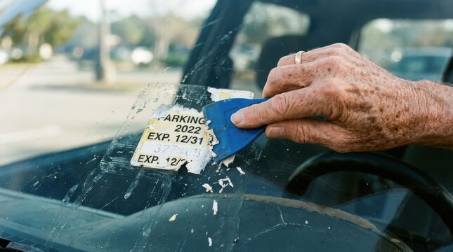 Elderly man carefully scraping an old parking sticker off a car windshield with a plastic scraper tool