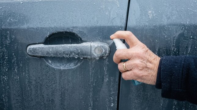 Person spraying de-icer spray onto a frozen car door handle in winter morning cold weather